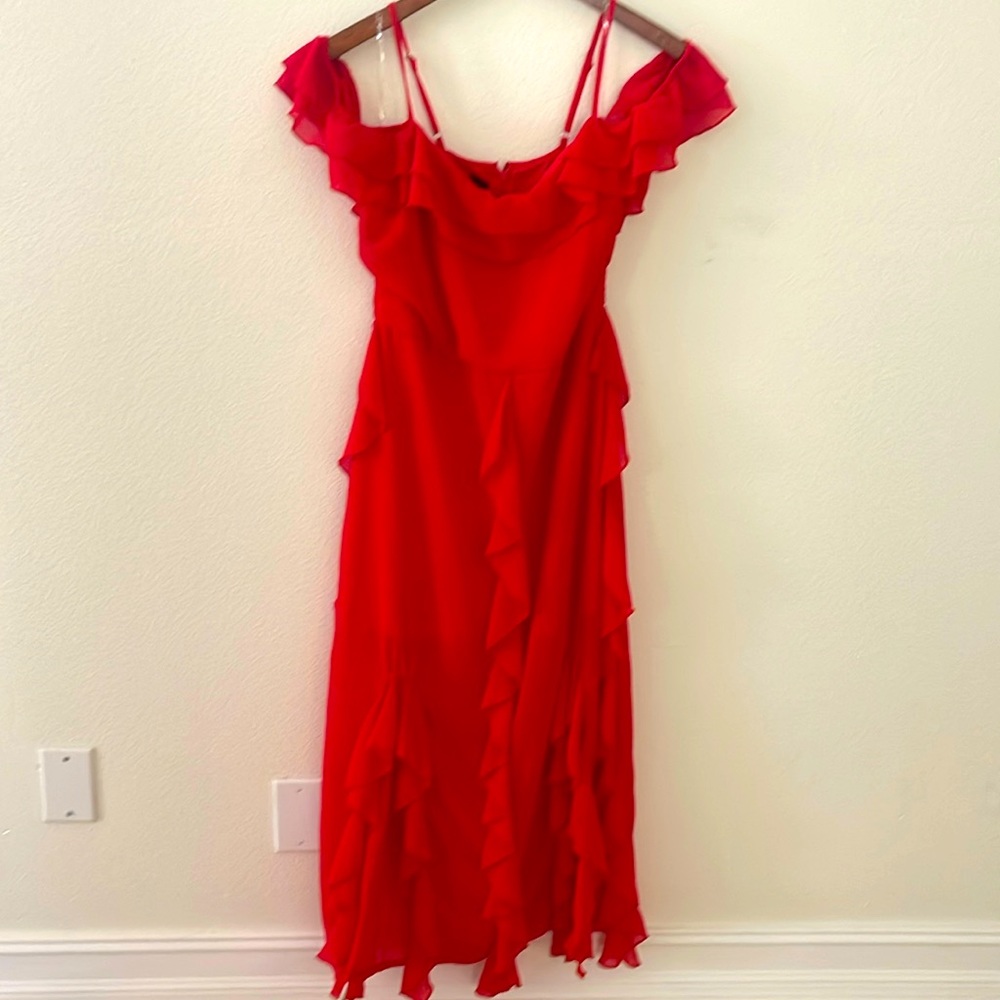 Stunning light red ruffled off the shoulders dress